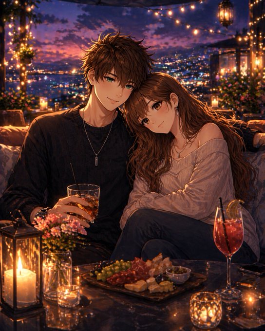 A romantic anime-style illustration of a couple sitting closely together at a rooftop dinner at sunset, with city lights and string lights in the background, enjoying drinks and a charcuterie board with candles on the table.