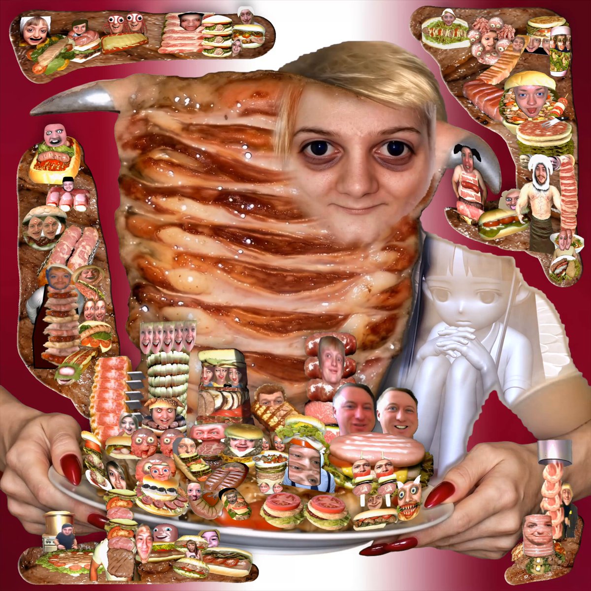 The image features a collage of various food items, including sandwiches, hamburgers, hot dogs, and other types of food arranged in an artistic manner. The person holding the plate has their face partially obscured by these food items, creating a unique and eye-catching composition that draws attention to the post about donerkebabno1.

The image also includes several people depicted as part of the food arrangement, adding another layer of visual interest and complexity to the overall design. The combination of food and faces creates an intriguing scene that invites viewers to explore the connection between the food items and the post's message.