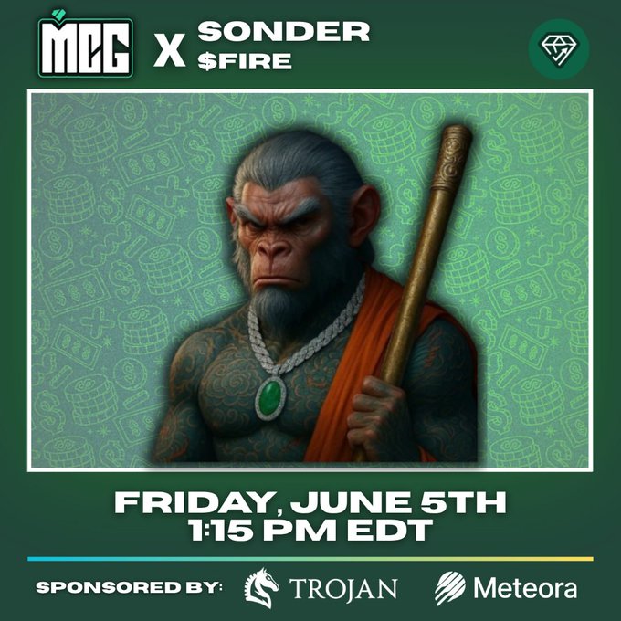The image features a cartoon monkey holding a stick, with a green background that includes various symbols such as a dollar sign, a heart, and a crown. The text at the bottom of the image reads "Friday, June 5th 11:15 PM EDT". This suggests that there is an event happening on Friday, June 5th at 11:15 PM, possibly related to cryptocurrency or finance.