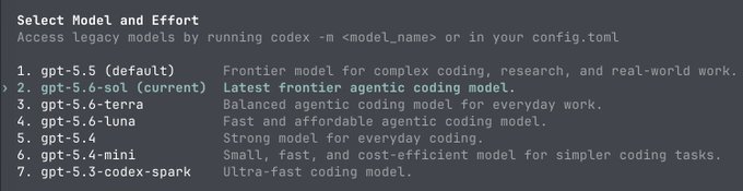 A terminal menu titled 'Select Model and Effort' lists AI model options including gpt-5.5, gpt-5.6-sol (current), gpt-5.6-terra, and others with brief descriptions.