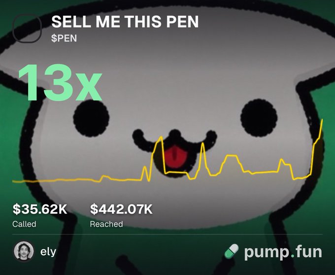 A "Sell Me This Pen" $PEN meme/chart from Pump.fun shows a 13x gain with $35.62K called and $442.07K reached, matching the post's celebration of calling out the 13x on $PEN as the first graduated coin from @strattonmrkt.