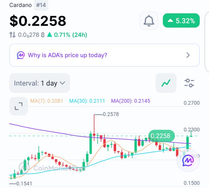 A cryptocurrency price chart shows Cardano (ADA) at $0.2258, up 5.32% and 0.71% over 24 hours, displayed on CoinMarketCap with candlestick data and moving averages.