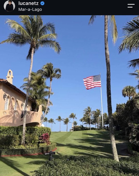 An Instagram post by user "lucanetz" geotagged "Mar-a-Lago" featuring a sunny photograph of a Spanish-style estate with an American flag flying among tall palm trees and manicured lawns.