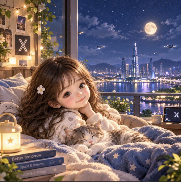 An illustration of a cute, anime-style girl with long brown hair and a flower hair accessory smiling while cuddling a sleeping cat on a bed, with a nighttime city skyline view through a large window behind her and books titled 'Better Tomorrow', 'Space & Dreams', and 'Little Big Things' nearby.