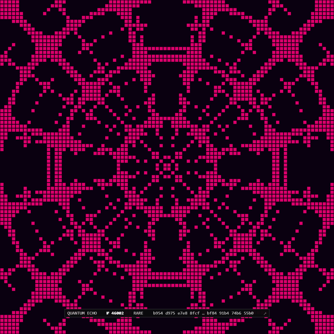 Pink and black pixelated pattern resembling a textile or digital mandala design, with a terminal-style text overlay at the bottom reading 'QUANTUM ECHO 46002 RARE b954 d975 e7e8 8fcf - bf84 91b4 7d4c 55b0'.