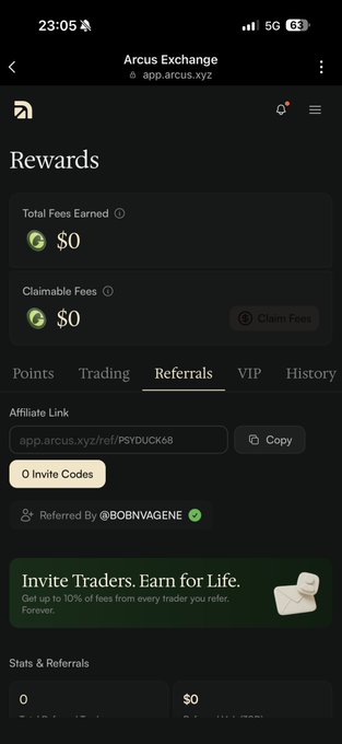 A mobile app screen shows an 'Arcus Exchange' rewards page with a total fees earned and claimable fees of $0, along with an affiliate link.