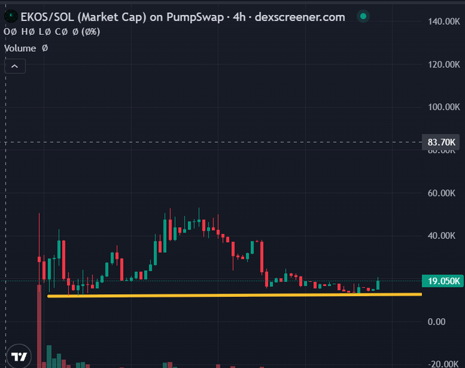 A candlestick chart of EKOS/SOL market cap on dexscreener shows price action consolidating around the $19.05K support level, forming a potential double bottom pattern, with the post noting increased wallet holdings and recent website launch.