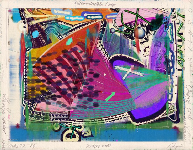 A vibrant abstract artwork titled 'Interminable Loop' dated July 22, 26, featuring colorful geometric shapes, film strips, and handwritten notes along the borders.