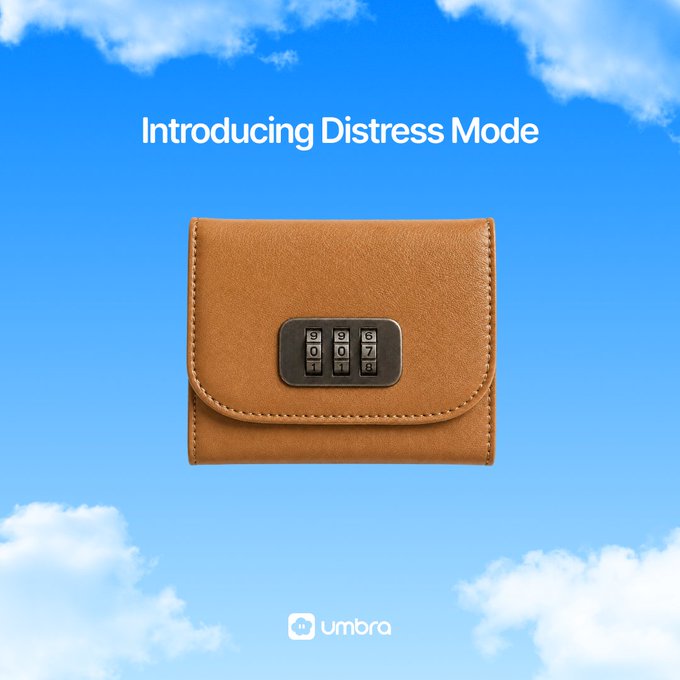 The image features an advertisement for Umbra's Distress Mode feature. The main focus of the image is a brown wallet placed against a blue sky with white clouds, which serves as the backdrop for the text "Introducing Distress mode". The wallet appears to be made of leather and has a keyhole on its front side. The text in the image reads: "Umbra' s Distress Mode helps protect your privacy in the real world. Create a decoy wallet view, reveal only what you choose, and keep your real holdings private."