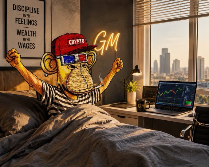 A digital artwork showing an anthropomorphic monkey character wearing 3D glasses and a 'CRYPTO' hat cheering on a bed, with a 'GM' neon sign, a 'DISCIPLINE OVER FEELINGS WEALTH OVER WAGES' poster, and a laptop displaying a stock chart.