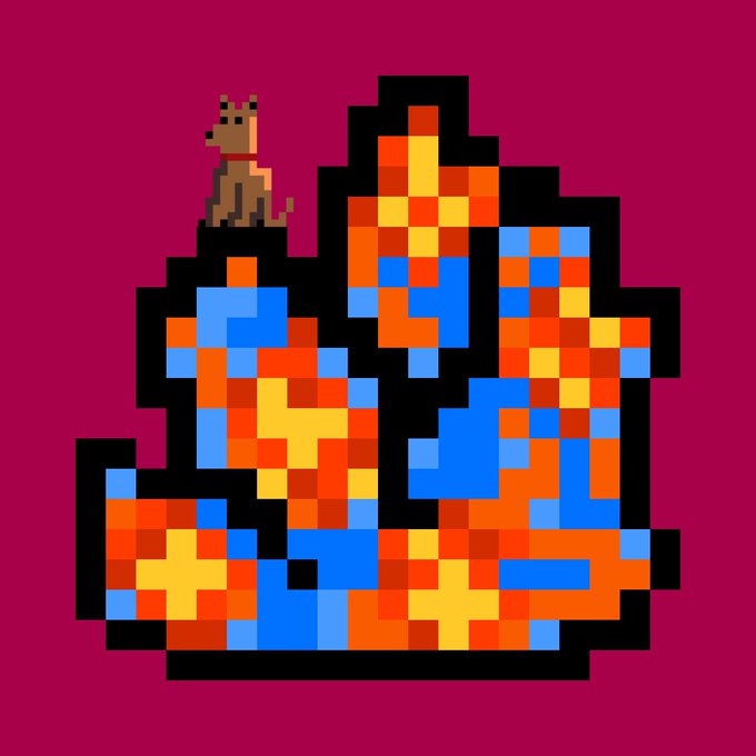 urn of fire, with a brown dog standing on top and blue and orange flames surrounding it.