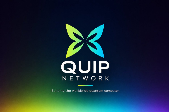 The 'QUIP NETWORK' logo with a butterfly design and tagline 'Building the worldwide quantum computer.' displayed on a colorful gradient background.