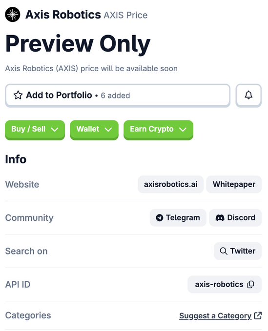 A CoinGecko preview page for Axis Robotics (AXIS) showing the coin was "just added" to 6 portfolios, with no live price yet available. The image supports the post's claim that AXIS has been listed on CoinGecko (currently in Preview status), signaling that a full listing and potential TGE may be approaching.