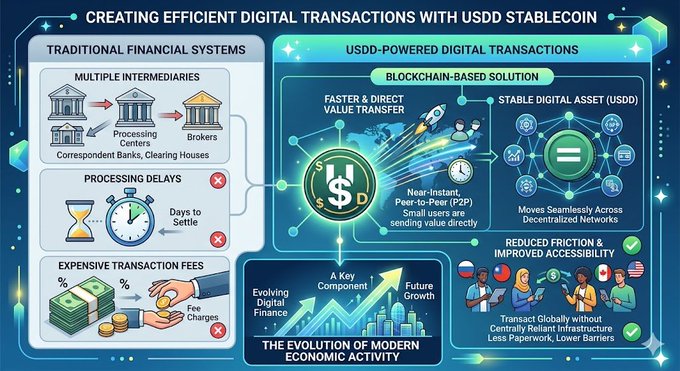The image presents an infographic that explains the concept of creating more efficient digital transactions using stablecoins. The infographic features a flowchart with various elements, including a person handing out money, a bank, and a cryptocurrency exchange. It also includes text explaining the benefits of stablecoins in comparison to traditional financial systems, such as reducing transaction delays and fees.