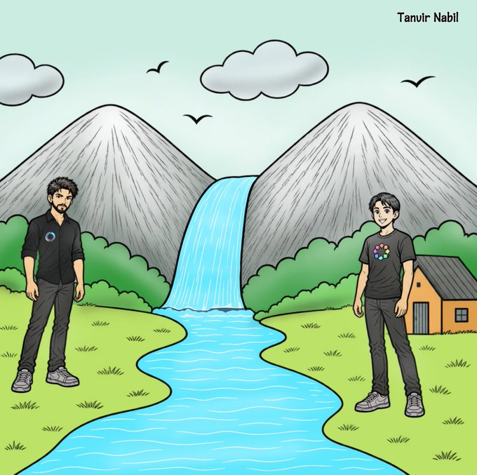 A cartoon illustration signed 'Tanvir Nabil' depicting two figures (an adult and a youth) standing on either side of a stream between two mountains, with cherry blossoms and birds in the background.