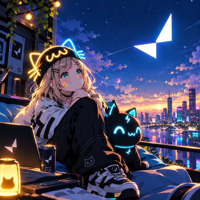An anime-style illustration depicts a blonde girl with glowing cat-ear headphones sitting beside a black robotic cat with glowing cyan features, overlooking a neon-lit city skyline at night with a geometric kite shape in the sky.