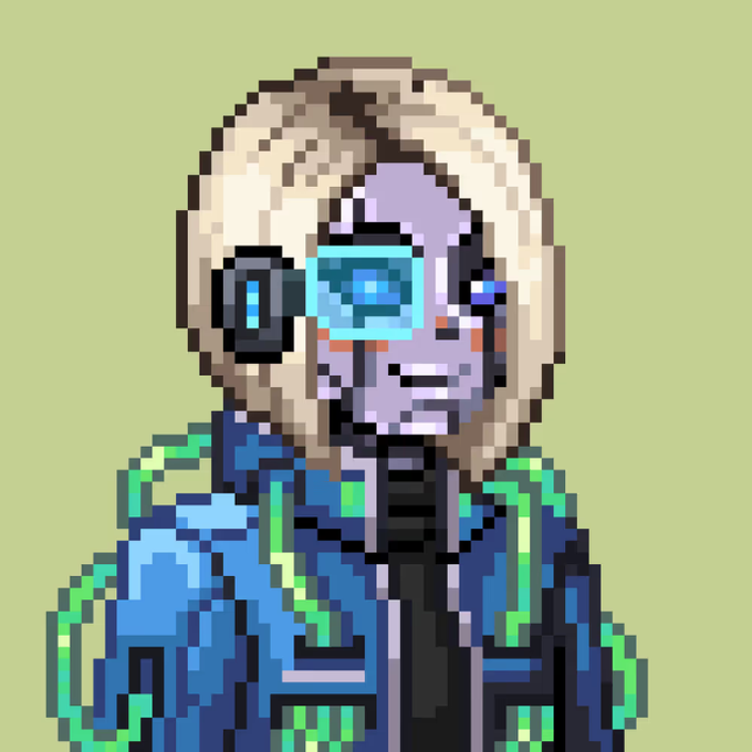 A pixel art character portrait of a person with blonde hair wearing a futuristic blue and green jacket and glowing blue visor-style glasses against a light green background.