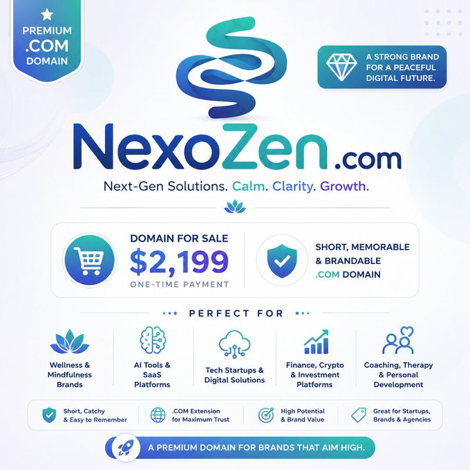 A promotional graphic for the domain 'NexoZen.com' priced at '$2,199', featuring categories like 'Wellness & Mindfulness Brands' and 'AI Tools & SaaS Platforms'.
