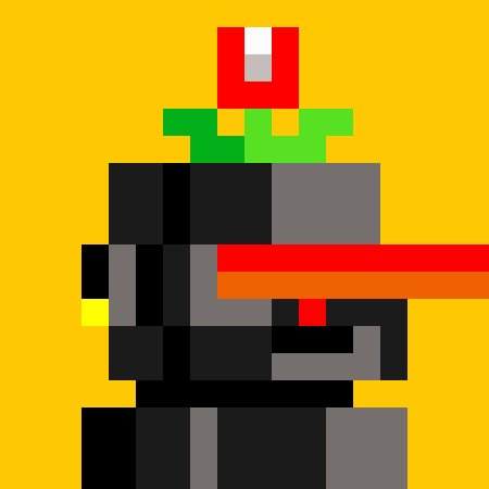 A pixel art image of a dark gray armored vehicle or turret with a red-tipped barrel against a bright yellow background, topped with a green blocky figure holding a white object.
