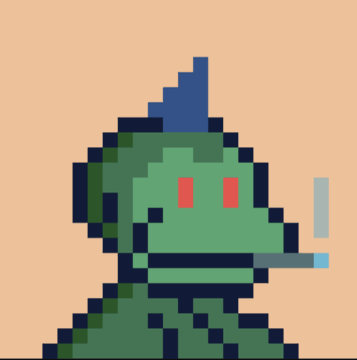 Pixel art depicting a green reptilian or dinosaur-like character with red eyes, wearing a blue party hat, and smoking a cigarette against a tan background.