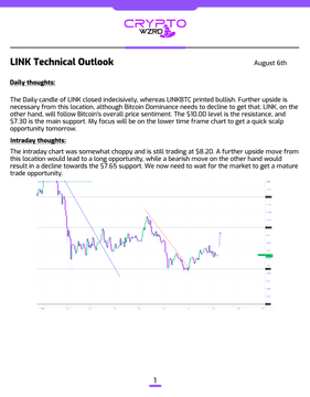 A 'CRYPTO TA' report dated August 6th titled 'LINK Technical Outlook' with 'Daily Thoughts' and 'Intraday Thoughts' sections analyzing Chainlink's price action with a chart showing support at $7.30 and resistance at $8.20.