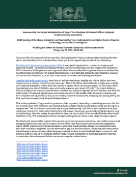 The image is a formal Statement for the Record submitted by the Chamber of Digital Commerce to the U.S. House Subcommittee on Digital Assets, Financial Technology, and Inclusion, dated July 17, 2024, regarding the hearing titled "Putting the Pedal to the Metal: Implementation of the President's Working Group on Digital Assets."

The document features the Chamber's official logo at the top and includes contact information for its President, Cody Carbone, along with a red "Clear and Resubmit Form" stamp overlaid across the lower portion of the page.

The image does not directly relate to the accompanying post about crypto consumer protection polling, but the hearing topic on digital assets implementation provides a relevant policy context for advocating for crypto market structure legislation like the proposed CLARITY Act.