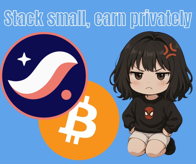 A chibi-style angry girl in a black sweatshirt kneels beside Bitcoin and another crypto logo with the text 'Stack small, earn privately'.