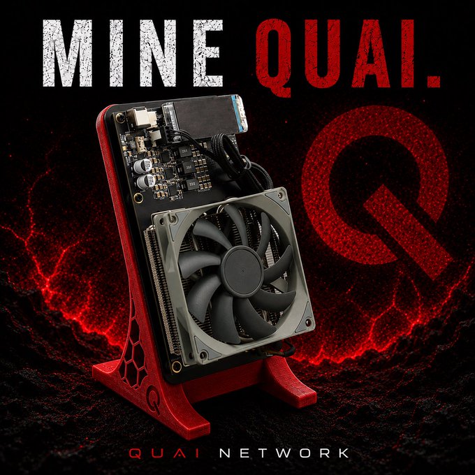 Marketing image with 'MINE QUAI' text in white and red, showing a cryptocurrency mining device with exposed circuit board and cooling fan on a red stand, branded with 'QUAI NETWORK' at the bottom.