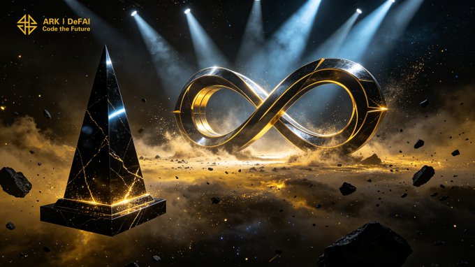 A dark, cosmic scene features a black marble pyramid and an infinity symbol illuminated by golden spotlights, with floating debris and "ARK | DeFAI Code the Future" displayed in the upper left. The imagery symbolizes continuous evolution and limitless potential, reinforcing the post's message about Arkie AI's ongoing upgrades and forward momentum.