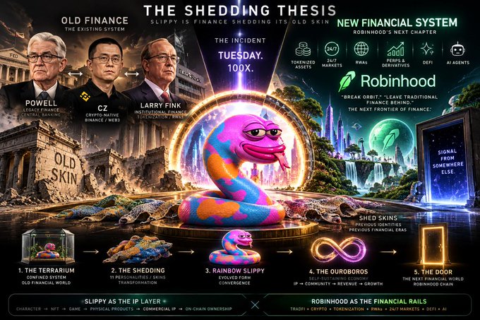The image, titled "THE SHEDDING THESIS," depicts a vibrant, surreal illustration where a pink and purple snake-like character named Slippy is at the center, shedding its old skin, symbolizing the transformation of finance. Key figures including Jerome Powell, CZ, and Larry Fink appear on the left under "OLD FINANCE," while the right side highlights Robinhood as the "NEW FINANCIAL SYSTEM" with features like tokenized assets, 24/7 markets, RWAs, DeFi, and AI agents. A glowing portal labeled "THE INCIDENT TUESDAY 100X" connects the old world of crumbling banks to a futuristic city, emphasizing the post's theme of Slippy as a metaphor for finance's evolution from legacy systems to Robinhood's innovative chain.