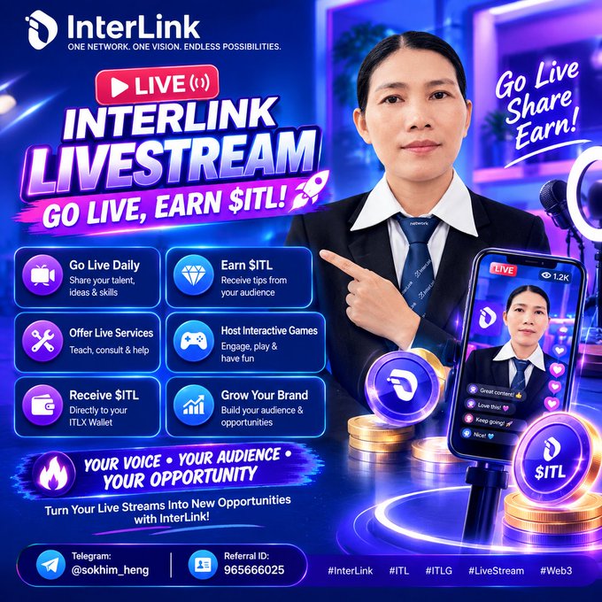 A promotional graphic for 'InterLink' advertises an 'INTERLINK LIVESTREAM' platform where users can 'Go Live, Share, Earn!' and 'Earn $ITL', featuring the username '@sokhim_heng'.