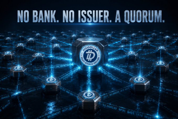 Futuristic blue digital graphic reading 'NO BANK. NO ISSUER. A QUORUM.' centered on a 'DIGIDOLLAR' token with a Bitcoin-style logo amid a network of interconnected nodes.