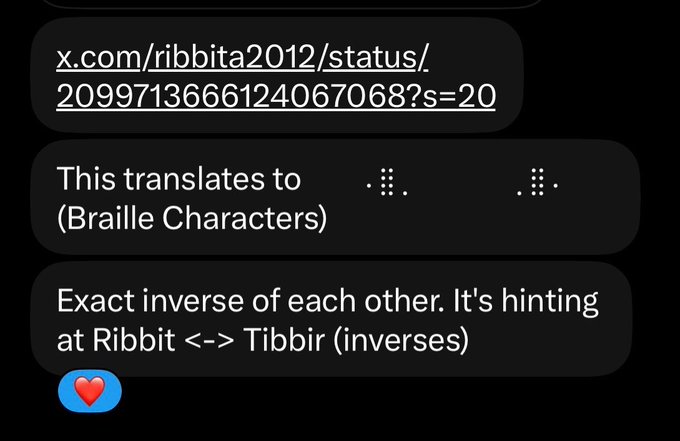 A screenshot of an X post by @ribbita2012 displays the URL "x.com/ribbita2012/status/2099713666124067068?s=20" alongside a note explaining that it translates to Braille characters which are exact inverses of each other, hinting at "Ribbit" being the inverse of "Tibbir" with a blue heart emoji. This ties into the accompanying commentary highlighting the account's unusual 4-day silence before returning with a cryptic, reversal-themed message, emphasizing themes of patience and conviction.