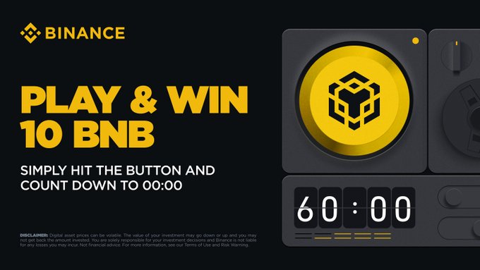 The image is a Binance promotional graphic featuring the text "PLAY & WIN 10 BNB" with the instruction "SIMPLY HIT THE BUTTON AND COUNT DOWN TO 00:00," alongside a yellow button and a countdown timer displaying "60:00," illustrating the start of the BNB Button game where players attempt to hold the clock at zero.