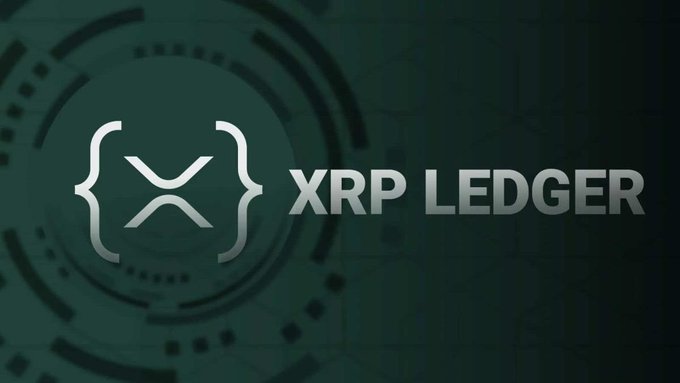 Logo image displaying 'XRP LEDGER' in white text alongside the distinctive XRP curly bracket symbol against a dark teal technological background.