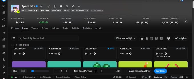 A screenshot of an NFT marketplace showing the OpenCatz collection by DIZCORNAB, with 5,000 items, a floor price of $41.55, and individual cat listings priced between $41.55 and $44.01.