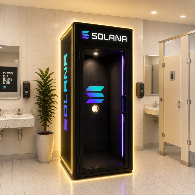 A glowing black privacy booth branded with the Solana logo and purple neon accents, situated in a public restroom setting.