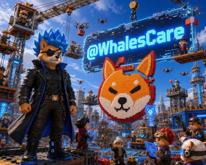 The image shows a LEGO-style scene featuring a Shiba Inu character with blue spiky hair and sunglasses, alongside a large pixelated Shiba face and the text "@WhalesCare" displayed on a neon billboard, with construction cranes and smaller Shiba builders in the background. The accompanying post praises $SHIB's persistent community-driven growth and ecosystem building, which the image visually represents through its bustling "construction" scene of Shiba characters actively building something together.
