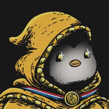 This image shows a penguin character in a yellow hooded robe, reminiscent of art from the @GuildGrime and @Flamingos_ETH collections. The character appears to be the "PG" logo.