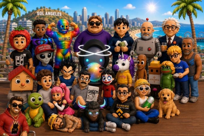A group photo of various colorful, stylized characters and figures posed together with the Los Angeles skyline and 'SOL ANGELES' sign in the background.