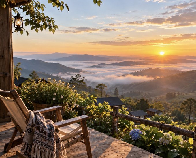 A scenic view from a wooden porch overlooking misty mountains and rolling hills at sunset, featuring two Adirondack chairs draped with a blanket, potted flowers, and a hanging lantern.
