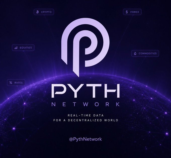 The image features a purple logo with a globe at its center, accompanied by text that reads "Pyth Network" and "Real-time data for a decentralized world". The background of the image is dark blue, which contrasts with the purple logo and makes it stand out. In the bottom right corner, there's a social media post from the network, sharing information about their new model and how to access it.