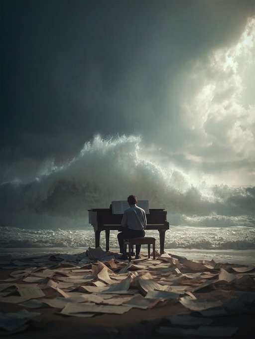 A surreal image shows a person in silhouette playing a grand piano on a beach with massive crashing waves in the background, surrounded by scattered pages of sheet music on the sand.
