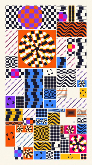 A vibrant abstract graphic poster featuring bold patterns, checkers, wavy lines, and geometric shapes in bright orange, pink, blue, and yellow on a cream background.