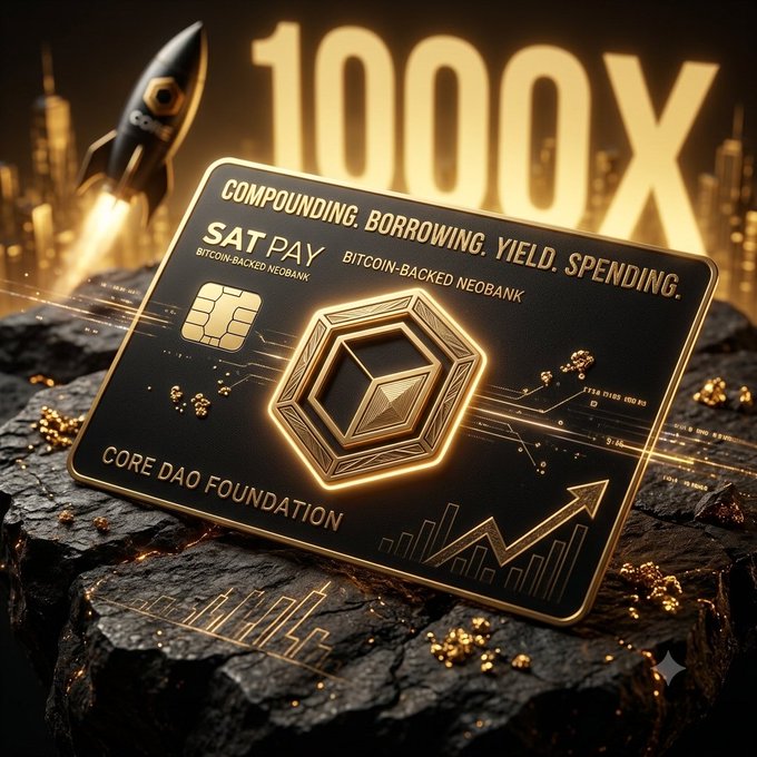 The image features a black credit card with gold lettering that reads "@sat_pay" and "Core DAO Foundation". The credit card has a gold square design, which is surrounded by a gold border. The background of the image shows a city skyline with buildings in the distance. The text on the credit card promotes Core DAO Foundation's core revenue flywheel concept, which involves using Bitcoin-backed neobanking to drive massive utility and gas usage through daily spending and yield.