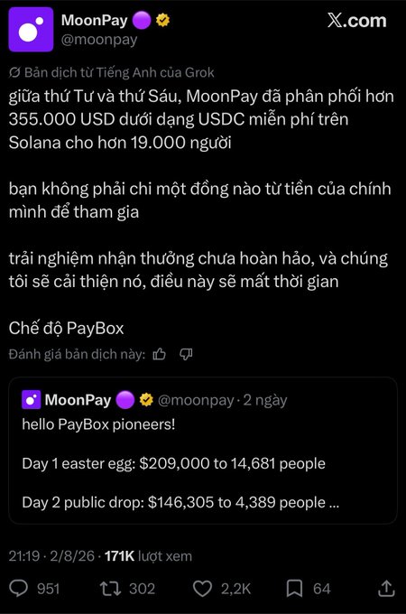 A tweet from @moonpay on X.com in Vietnamese stating that between Wednesday and Friday, MoonPay distributed over $355,000 in USDC for free on Solana to over 19,000 people, highlighting their PayBox program with Day 1 and Day 2 public drops.