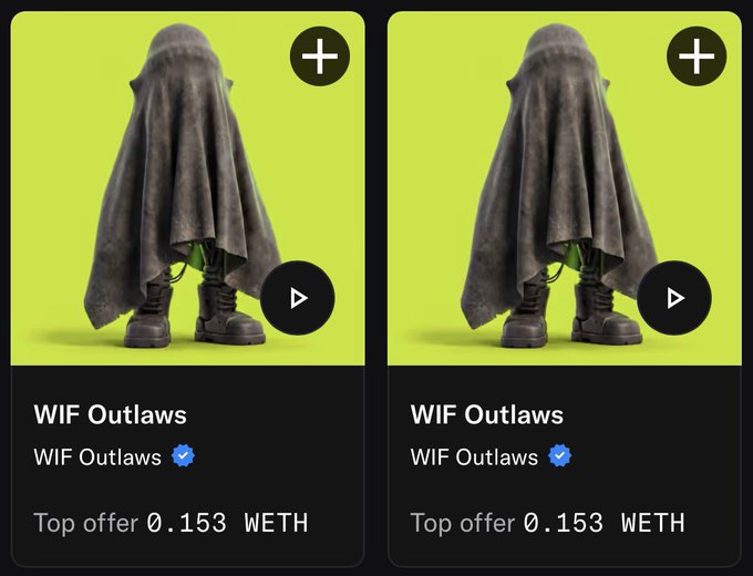 Two identical NFT listings from the "WIF Outlaws" collection (verified) showing a hooded figure, each with a top offer of "0.153 WETH."