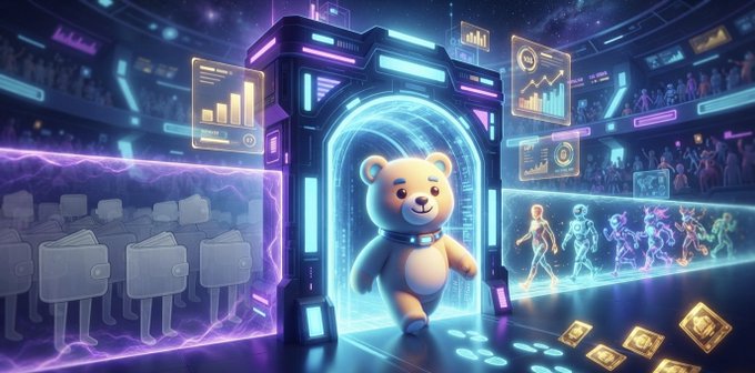A futuristic digital illustration features a cute teddy bear emerging from a glowing portal, surrounded by holographic data displays, charts, and figures of people and robots in a neon-lit setting.