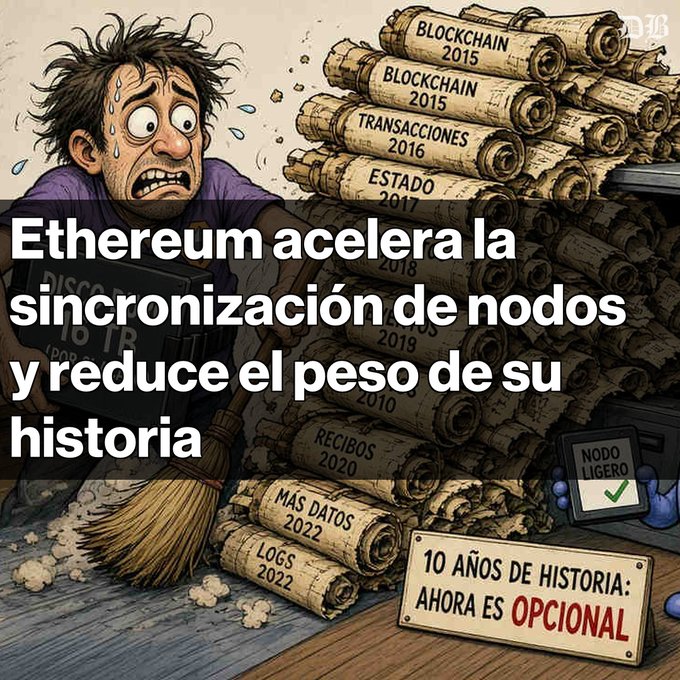 A Spanish-language cartoon graphic about Ethereum reads 'Ethereum acelera la sincronización de nodos y reduce el peso de su historia,' depicting scrolls of blockchain data.