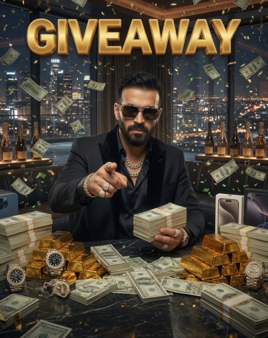 A bearded man in sunglasses and a black suit points confidently at the viewer behind a table stacked with gold bars, cash, and luxury watches, with the word "GIVEAWAY" displayed prominently in gold lettering above a city skyline backdrop. The image visually reinforces the accompanying post's $50 USDT giveaway promotion, using symbols of wealth and success to entice followers to participate in the contest.